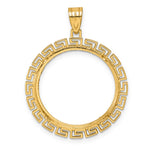 Load image into Gallery viewer, 14K Yellow Gold Diamond Cut Greek Key 1/4 oz American Eagle Panda 2 Rand US $5 Jamestown Coin Bezel Holder Pendant Charm Prong Fits 22 mm Coins
