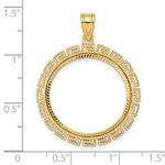 Load image into Gallery viewer, 14K Yellow Gold Diamond Cut Greek Key 1/4 oz American Eagle Panda 2 Rand US $5 Jamestown Coin Bezel Holder Pendant Charm Prong Fits 22 mm Coins
