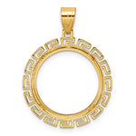 Load image into Gallery viewer, 14K Yellow Gold Textured Greek Key US Dime 1/10 oz Panda Cat Coin Bezel Holder Pendant Charm Prong Fits 18 mm Coins
