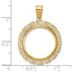 Load image into Gallery viewer, 14K Yellow Gold Textured Greek Key US Dime 1/10 oz Panda Cat Coin Bezel Holder Pendant Charm Prong Fits 18 mm Coins
