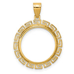 Load image into Gallery viewer, 14K Yellow Gold Textured Greek Key US Dime 1/10 oz Panda Cat Coin Bezel Holder Pendant Charm Prong Fits 18 mm Coins
