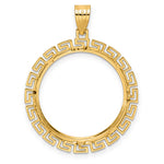 Load image into Gallery viewer, 14K Yellow Gold Textured Greek Key 1/4 oz American Eagle Panda 2 Rand US $5 Jamestown Coin Bezel Holder Pendant Charm Prong Fits 22 mm Coins
