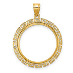 Load image into Gallery viewer, 14K Yellow Gold Textured Greek Key 1/4 oz American Eagle Panda 2 Rand US $5 Jamestown Coin Bezel Holder Pendant Charm Prong Fits 22 mm Coins
