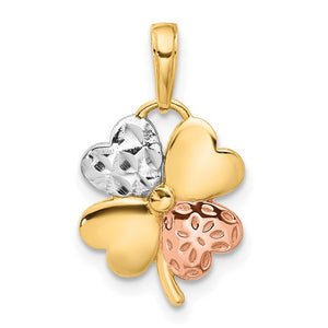 14k Yellow Rose Gold and Rhodium Tri Color Four Leaf Clover Good Luck Pendant Charm
