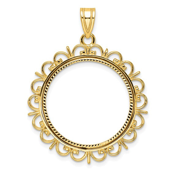 14k yellow gold holds 22mm coins 1/4 oz american eagle panda us $5 jamestown dollar 2 rand coin holder prong bezel fancy pendant charm