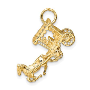 14k Yellow Gold Horse and Carriage 3D Pendant Charm