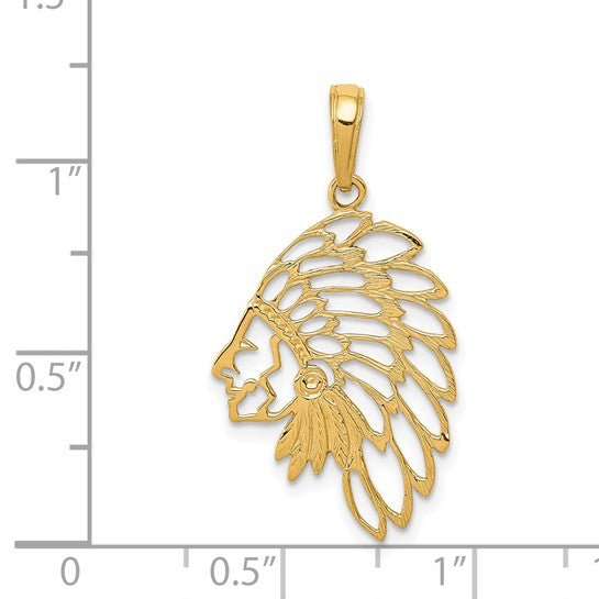 14k Yellow Gold Indian Chief Headdress Cut Out Pendant Charm