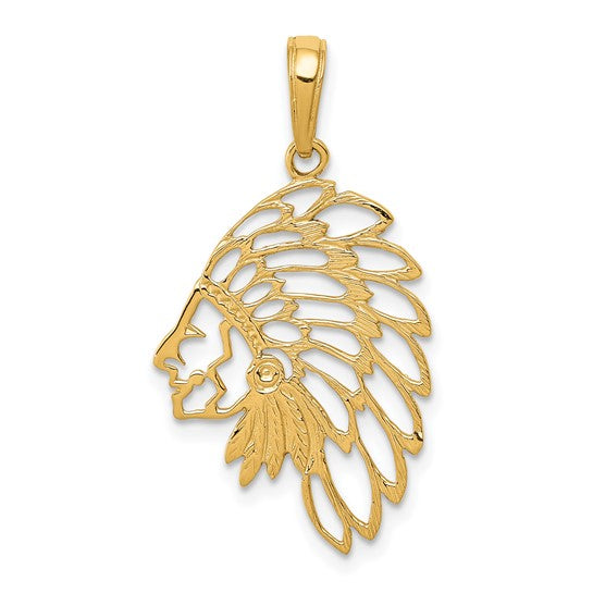 14k yellow gold indian chief headdress cut out pendant charm