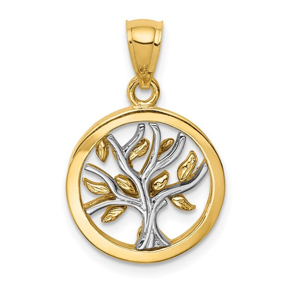 14k Yellow White Gold Two Tone Tree of Life Circle Round Pendant Charm