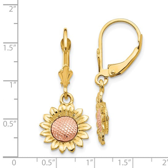 14k Yellow Rose Gold Two Tone Sunflower Leverback Dangle Earrings