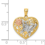 이미지를 갤러리 뷰어에 로드 , 14k Yellow Rose White Gold Tri Color Heart Butterfly Flower Pendant Charm

