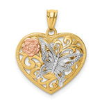 Kép betöltése a galériamegjelenítőbe: 14k Yellow Rose White Gold Tri Color Heart Butterfly Flower Pendant Charm

