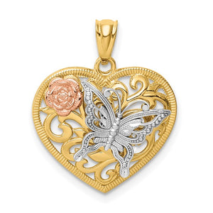 14k Yellow Rose White Gold Tri Color Heart Butterfly Flower Pendant Charm