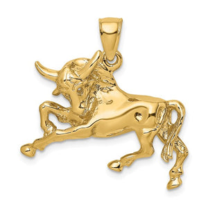 14k Yellow Gold Raging Bull Pendant Charm