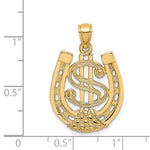 Cargar imagen en el visor de la galería, 14k Yellow Gold Good Luck Horseshoe Dollar Sign Money Symbol Pendant Charm
