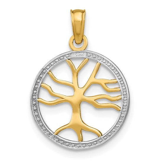 14k Yellow Gold and Rhodium Tree of Life Circle Round Pendant Charm