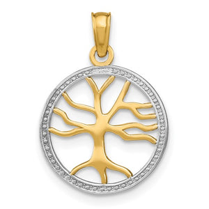 14k Yellow Gold and Rhodium Tree of Life Circle Round Pendant Charm