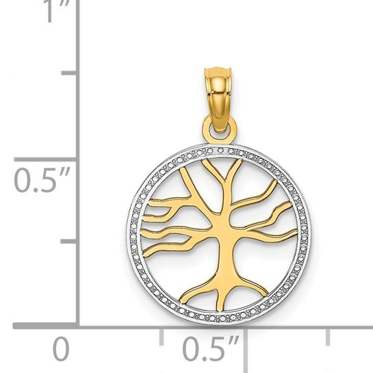 14k Yellow Gold and Rhodium Tree of Life Circle Round Pendant Charm