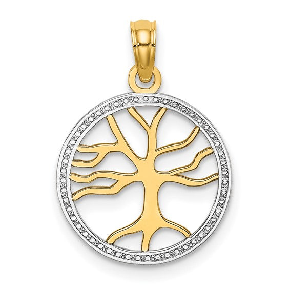 14k Yellow Gold and Rhodium Tree of Life Circle Round Pendant Charm