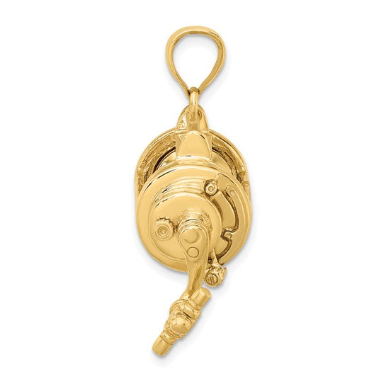 14k Yellow Gold Fishing Reel Moveable 3D Pendant Charm