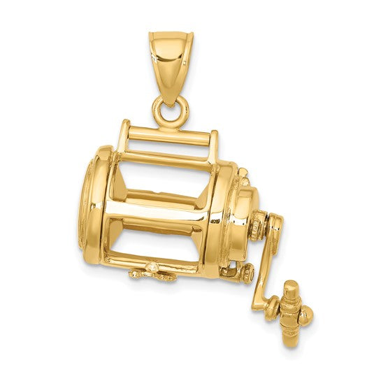 14k Yellow Gold Fishing Reel Moveable 3D Pendant Charm