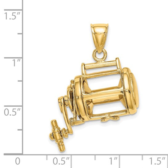 14k Yellow Gold Fishing Reel Moveable 3D Pendant Charm