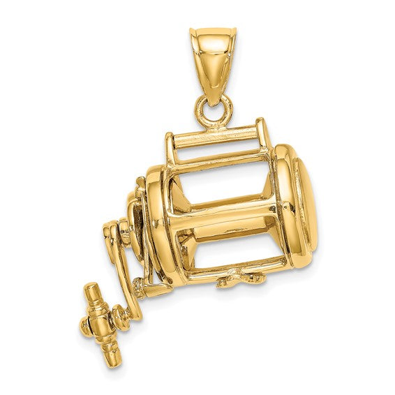 14k Yellow Gold Fishing Reel Moveable 3D Pendant Charm