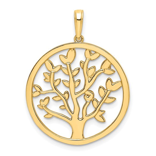 14k Yellow Gold Rhodium Tree of Life Circle Round Pendant Charm