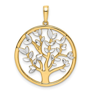 14k Yellow Gold Rhodium Tree of Life Circle Round Pendant Charm