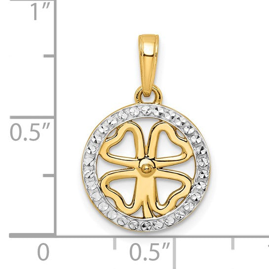 14k Yellow Gold and Rhodium Lucky Four-Leaf Clover Round Circle Pendant Charm