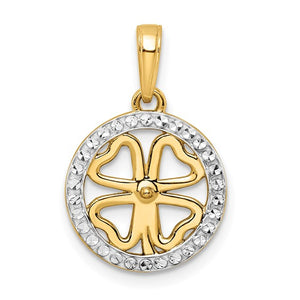 14k Yellow Gold and Rhodium Lucky Four-Leaf Clover Round Circle Pendant Charm