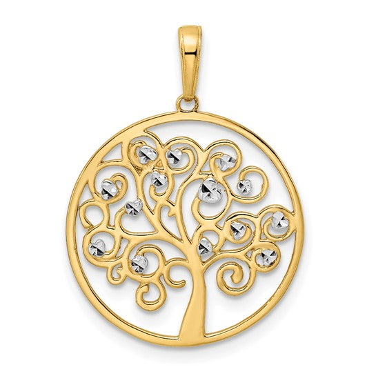 14k Yellow Gold Rhodium Tree of Life Circle Round Pendant Charm