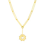 Lataa kuva Galleria-katseluun, 14K Yellow Gold Diamond Sun Round Medallion Paper Clip Chain Lariat Y Necklace
