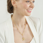 Load image into Gallery viewer, 14K Yellow Gold Diamond Sun Round Medallion Paper Clip Chain Lariat Y Necklace

