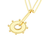 Indlæs billede til gallerivisning 14K Yellow Gold Diamond Sun Round Medallion Paper Clip Chain Lariat Y Necklace
