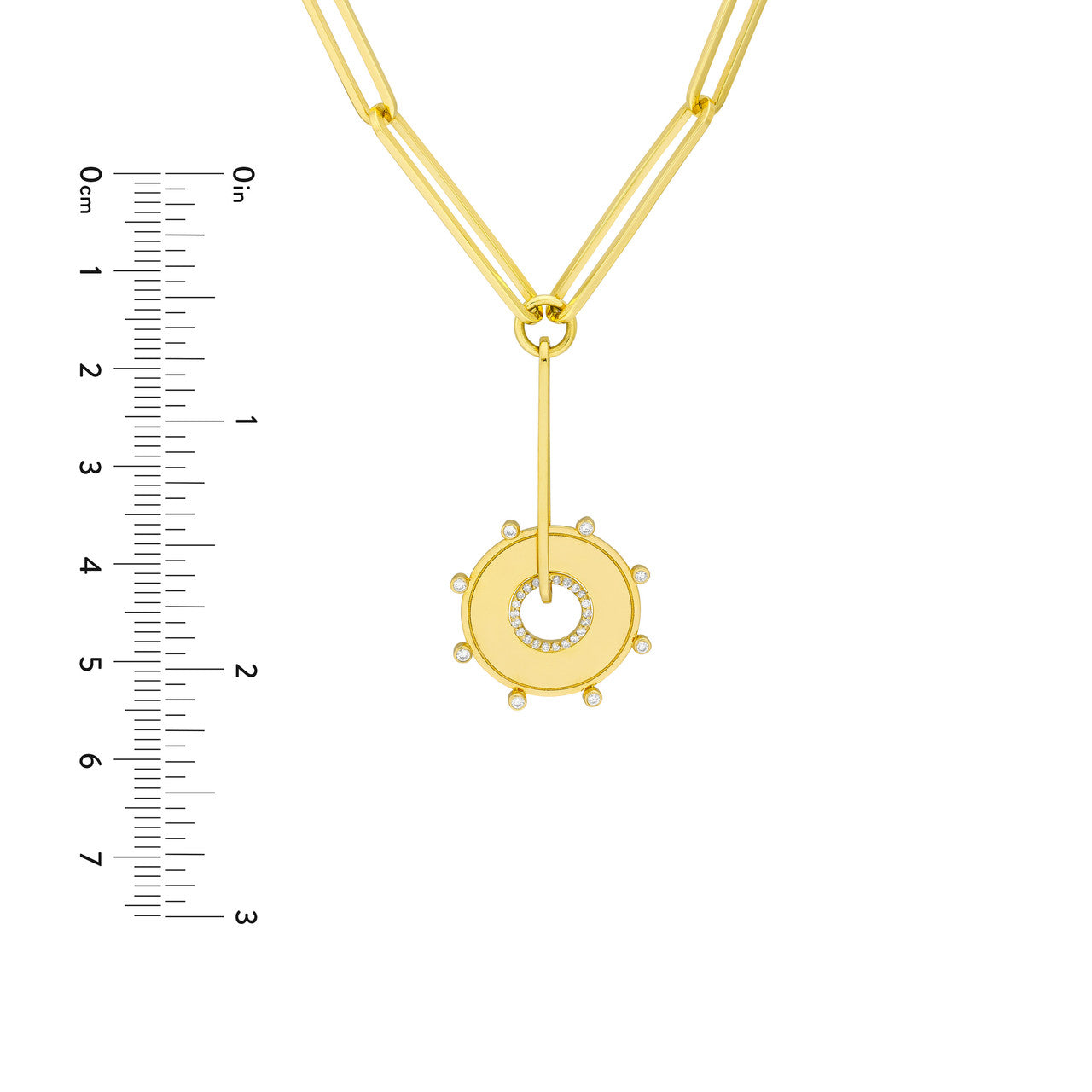 14K Yellow Gold Diamond Sun Round Medallion Paper Clip Chain Lariat Y Necklace