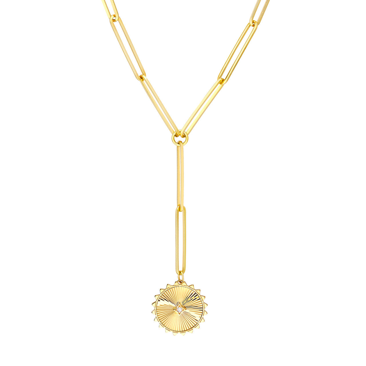 14K Yellow Gold Diamond Radiant Sun Round Medallion Paper Clip Chain Lariat Y Necklace