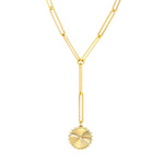 Afbeelding in Gallery-weergave laden, 14K Yellow Gold Diamond Radiant Sun Round Medallion Paper Clip Chain Lariat Y Necklace
