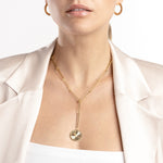 Загрузить изображение в средство просмотра галереи, 14K Yellow Gold Diamond Radiant Sun Round Medallion Paper Clip Chain Lariat Y Necklace
