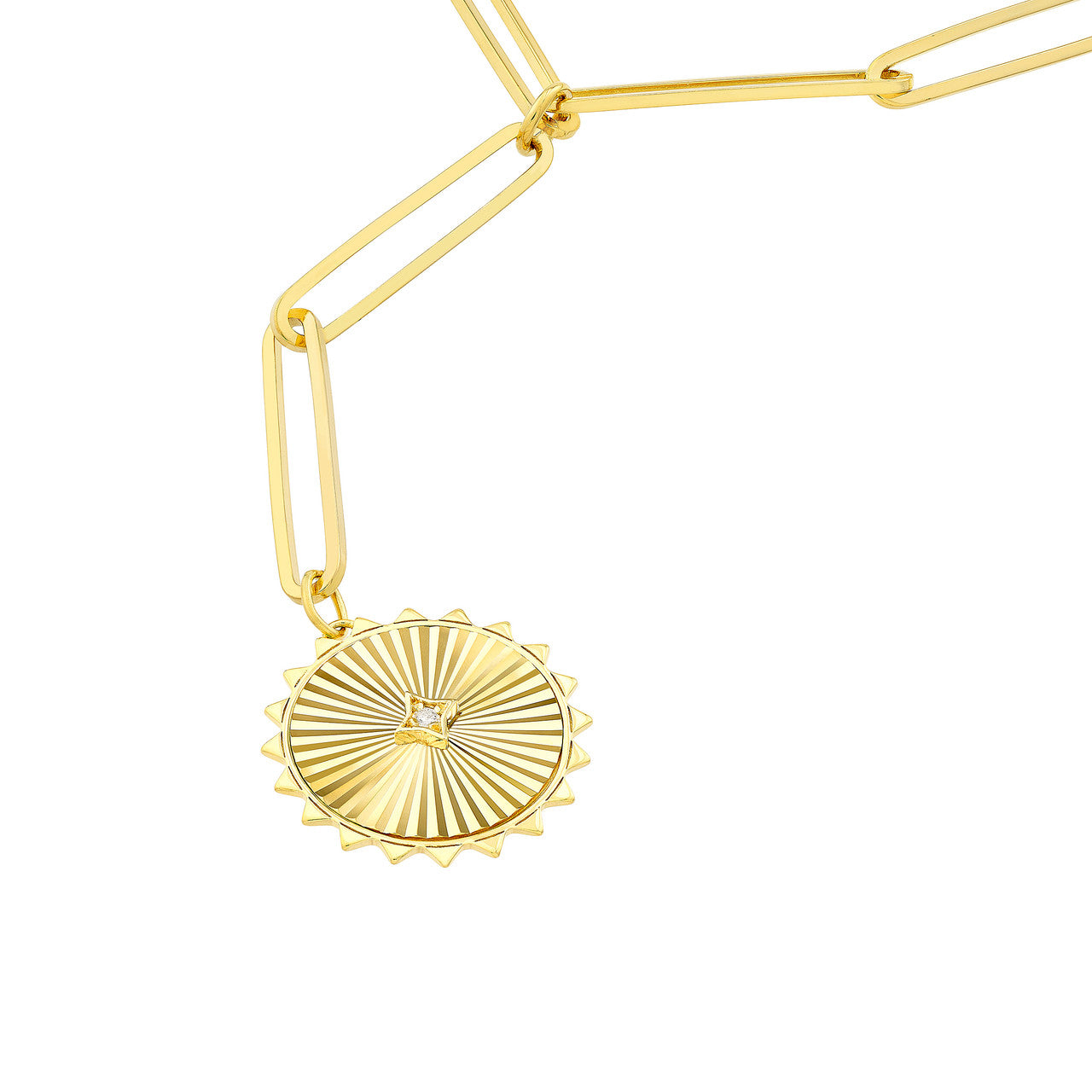 14K Yellow Gold Diamond Radiant Sun Round Medallion Paper Clip Chain Lariat Y Necklace