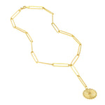 Φόρτωση εικόνας στο εργαλείο προβολής Συλλογής, 14K Yellow Gold Diamond Radiant Sun Round Medallion Paper Clip Chain Lariat Y Necklace
