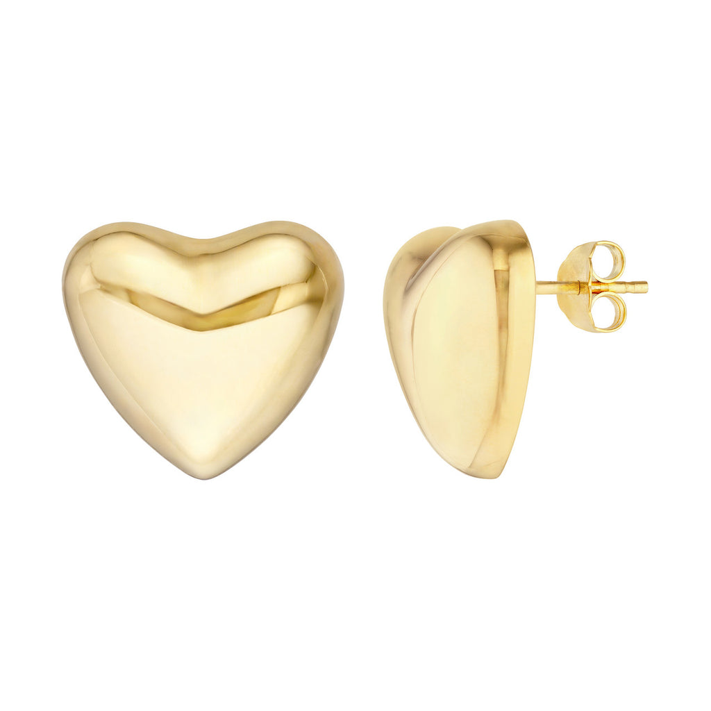 14k yellow gold heart puff bubbly stud post back earrings