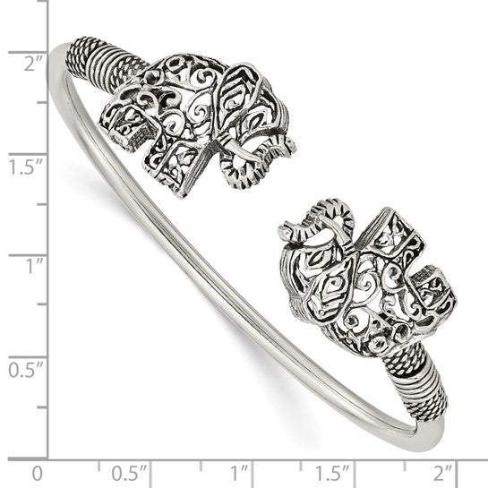 Sterling Silver Elephants Filigree Antique Style Cuff Bangle Bracelet Flexible
