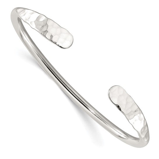925 Sterling Silver Hammered Ends Contemporary Modern Cuff Bangle Bracelet