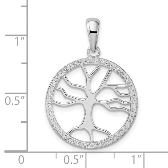 Tree of Life 925 sterling silver pendant shown with ruler for size reference 29mm x 20mm
