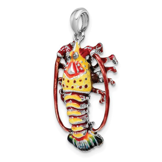 Sterling Silver Enamel Lobster 3D Pendant Charm Rhodium Plated