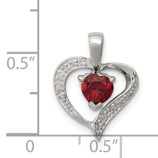 Sterling Silver Genuine Natural Garnet and Diamond Heart Pendant Charm