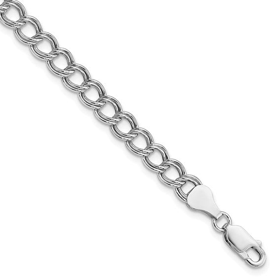 Sterling Silver Rhodium Plated 6mm Double Link Charm Bracelet Lobster Clasp