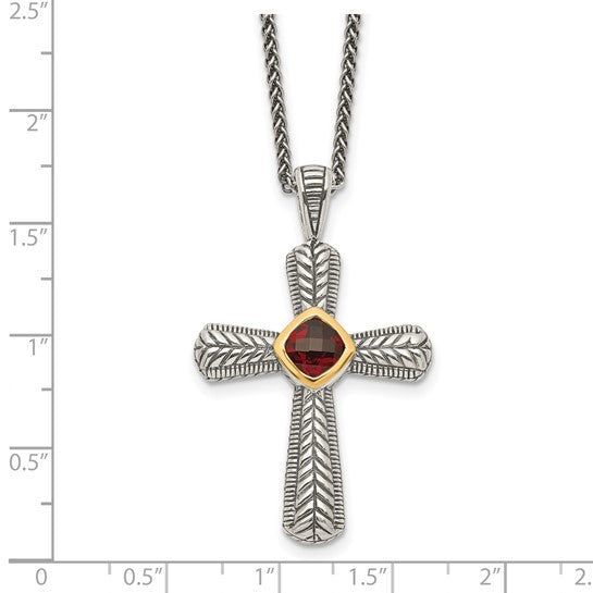 Sterling Silver with 14k Gold Accent Genuine Cushion Checkerboard Garnet Antique Style Cross Pendant Charm Necklace