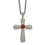Load image into Gallery viewer, Sterling Silver with 14k Gold Accent Genuine Cushion Checkerboard Garnet Antique Style Cross Pendant Charm Necklace
